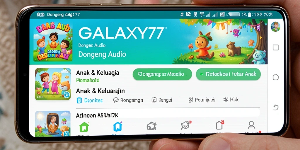 Antarmuka aplikasi GALAXY77 dengan pilihan dongeng audio yang menarik.