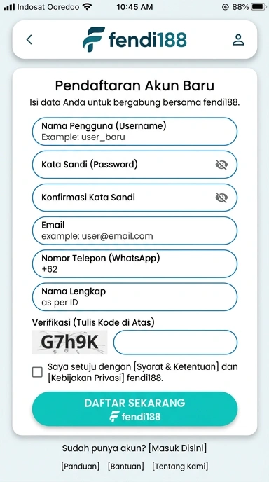 Tampilan halaman daftar fendi188